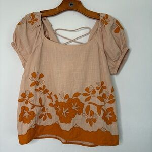 Madewell Embroidered Puff Sleeve Lace Up Back Blouse Size S Tan Orange